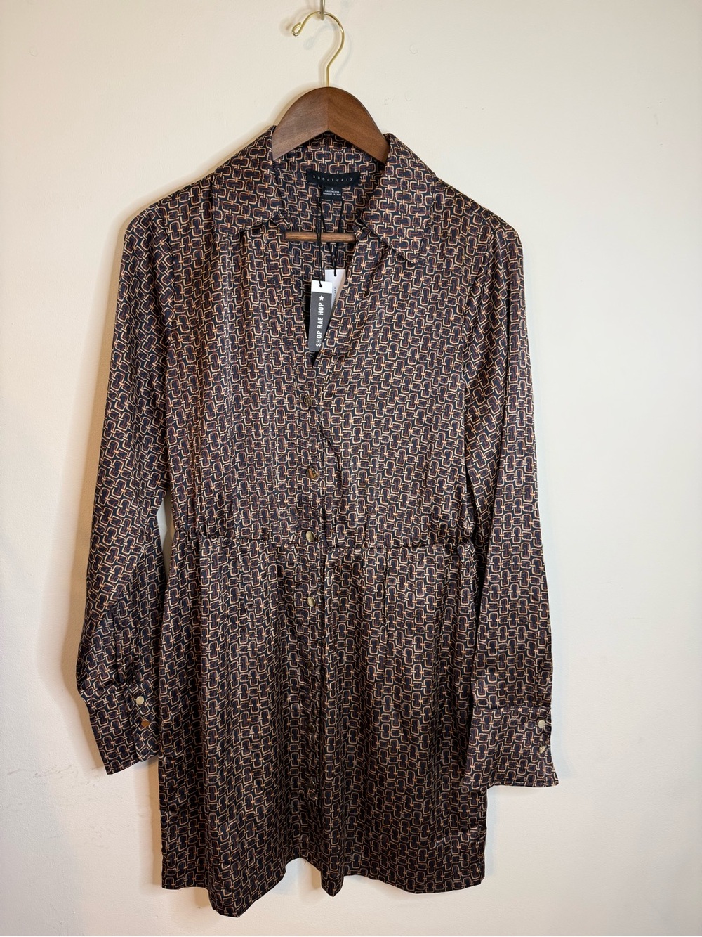 Sanctuary Brown Geometric Long-Sleeve Shirt Dress
